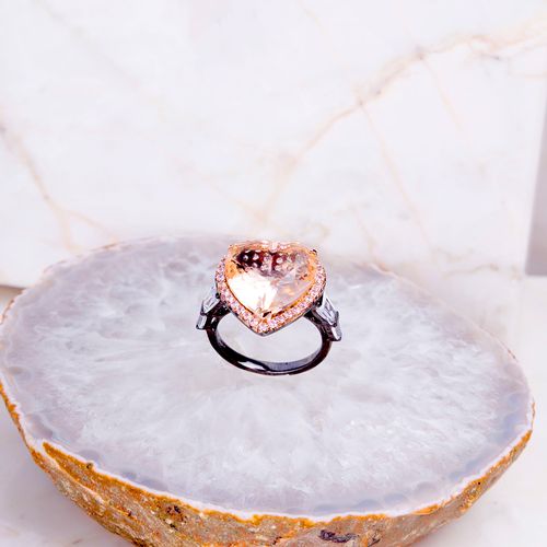 Anel cristal morganita zirconia rosa zirconia branca coração caixa trabalhada aro22