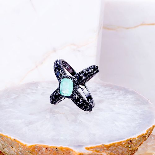 Anel fusion esmeralda colombiana zirconia negra retangulo aranha x aro12