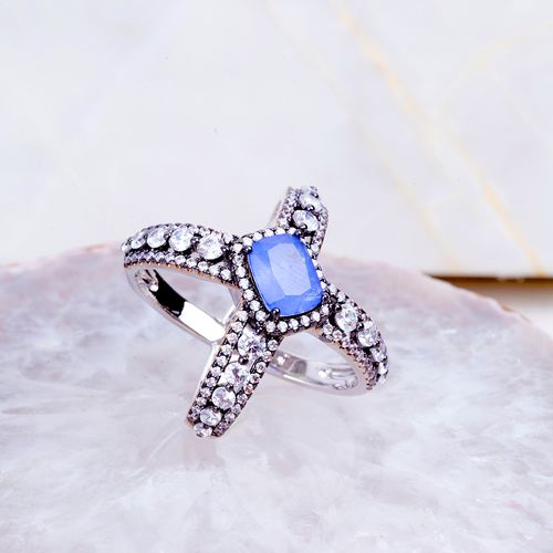 Anel fusion tanzanita zirconia branca retangulo aranha x (super promoção) aro12