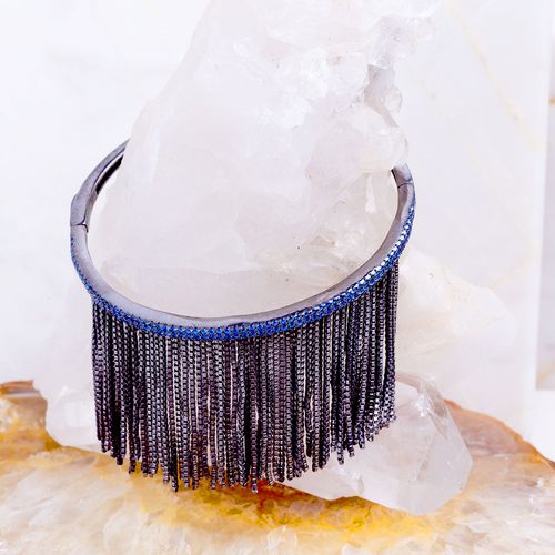 Bracelete zirconia azul escuro duas linhas com franja semijoia