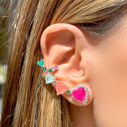 Brinco ear cuff linha corações fusion turmalina rosa banho de ouro 18k