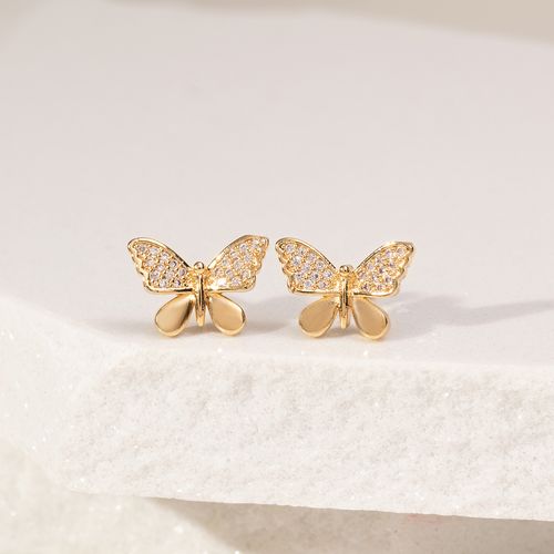 Brinco borboleta grande zircônia branca banho de ouro 18k