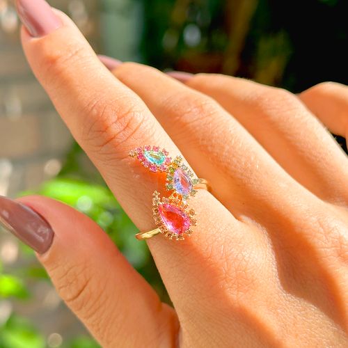Anel Gotas Bordadas Cristal Turmalina Rosa Banho de Ouro 18K