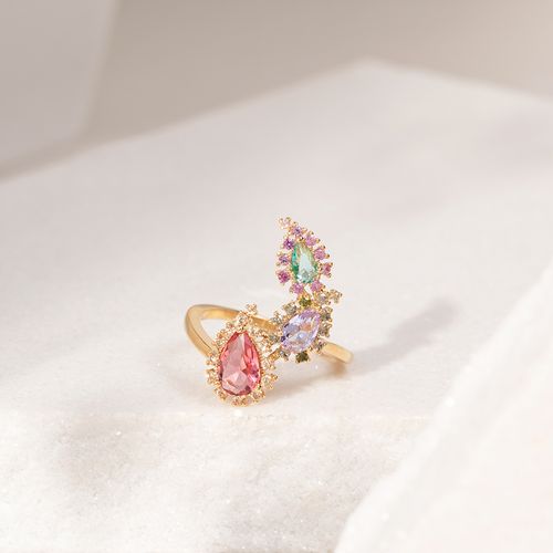Anel Gotas Bordadas Cristal Turmalina Rosa Banho de Ouro 18K