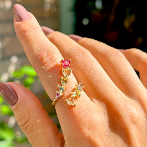 Anel encontro corações cristal ametista verde banho de ouro 18k