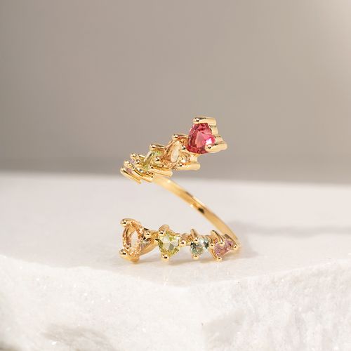 Anel encontro corações cristal ametista verde banho de ouro 18k