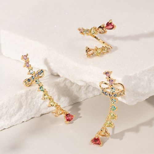 Anel encontro corações cristal ametista verde banho de ouro 18k