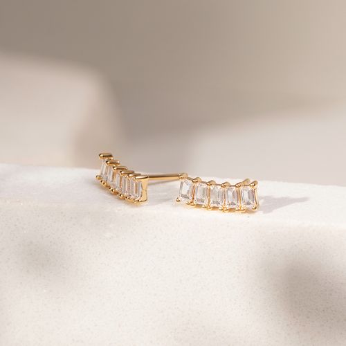 Brinco retângulos zircônia branca banho de ouro 18k