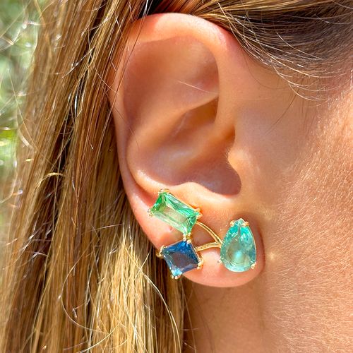 Brinco ear cuff formas cristal safira banho de ouro 18k