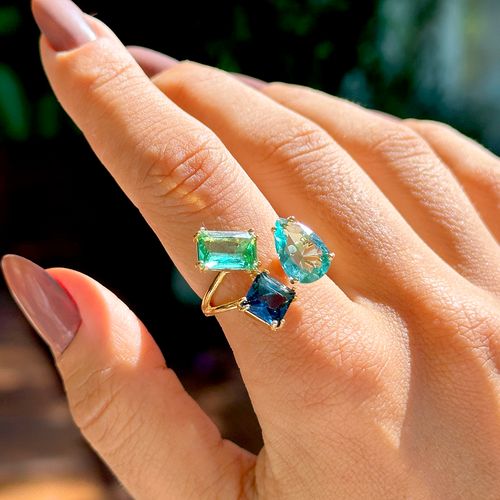 Anel formas cristal safira banho de ouro 18k