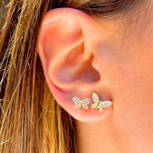 Kit de brincos borboletas zircônias brancas banho de ouro 18k