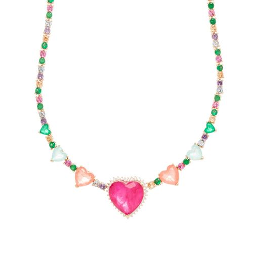 Colar linha corações fusion turmalina rosa 44cm banho de ouro 18k