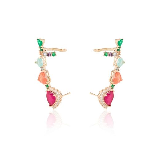 Brinco ear cuff linha corações fusion turmalina rosa banho de ouro 18k
