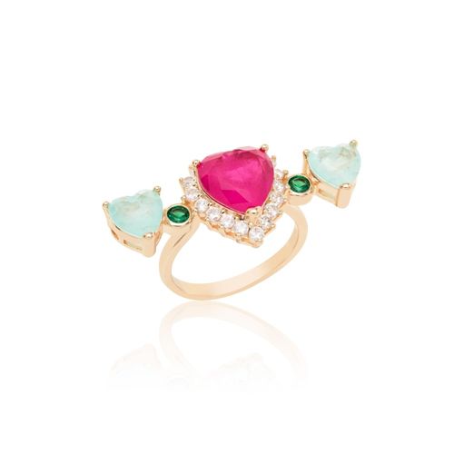Anel corações fusion turmalina rosa banho de ouro 18k