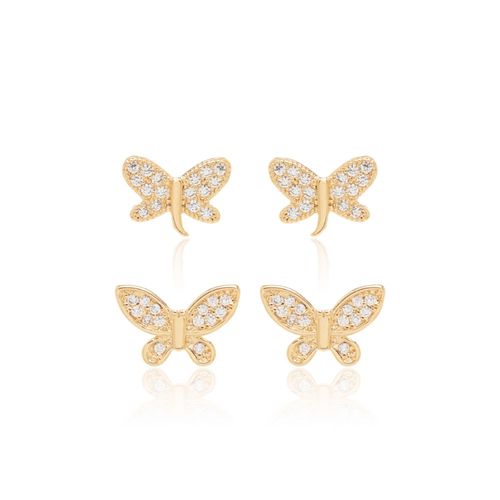 Kit de brincos borboletas zircônias brancas banho de ouro 18k