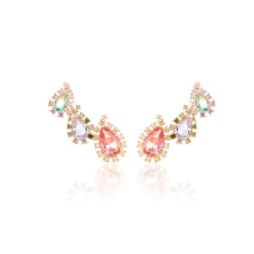 Brinco ear cuff gotas bordadas cristal turmalina rosa banho de ouro 18k