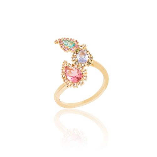 Anel Gotas Bordadas Cristal Turmalina Rosa Banho de Ouro 18K