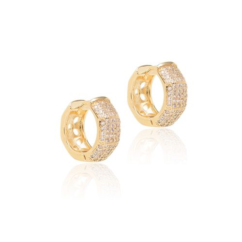 Brinco argola hexágono zircônia branca banho de ouro 18k