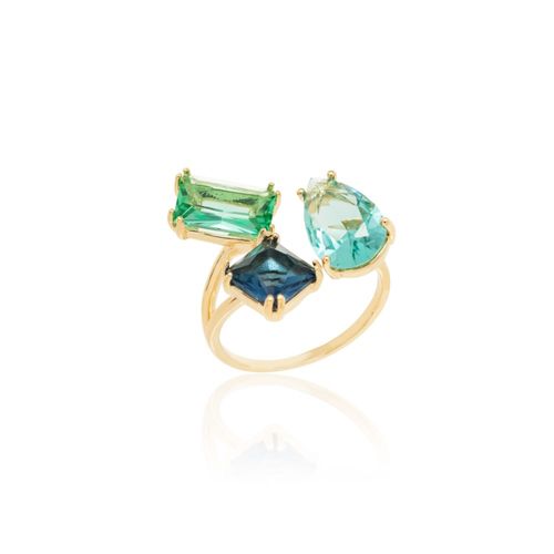 Anel formas cristal safira banho de ouro 18k