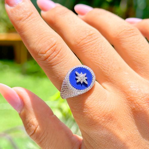 Anel medalha estrela resina zircônia branca banho de ródio branco