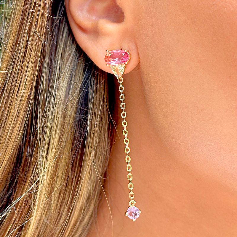 Brinco-longo-corrente-cristal-turmalina-rosa-banho-de-ouro-18k-