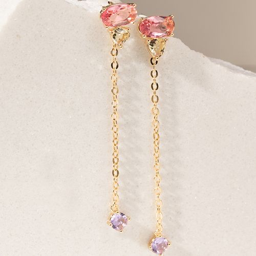 Brinco longo corrente cristal turmalina rosa banho de ouro 18k