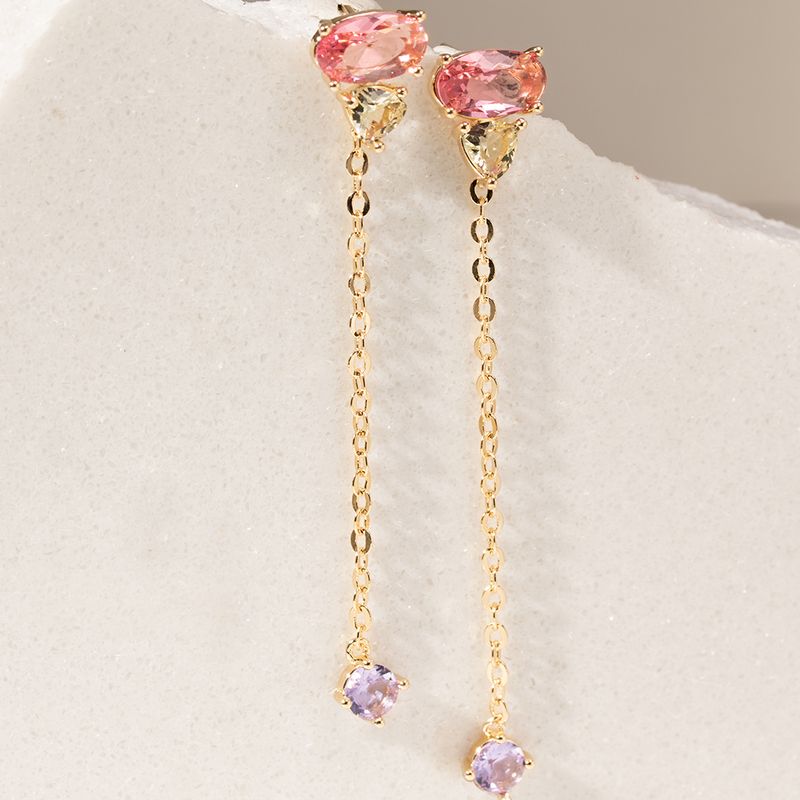 Brinco-longo-corrente-cristal-turmalina-rosa-banho-de-ouro-18k-