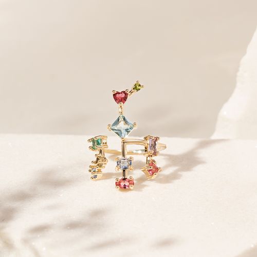 Anel formas cristal paraíba banho de ouro 18k