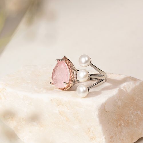 Anel gota fusion quartzo rosa pérola shell banho de ródio branco