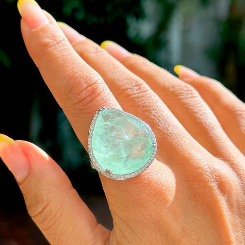 Anel gota fusion esmeralda colombiana zircônia branca banho de ródio branco
