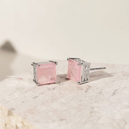 Brinco quadrado fusion quartzo rosa banho de ródio branco