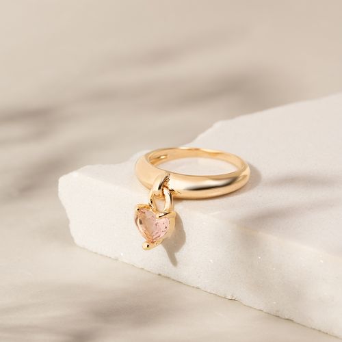 Anel coração pendurado cristal rodolita banho de ouro 18k