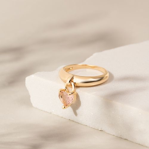 Anel coração pendurado cristal quartzo rosa banho de ouro 18k