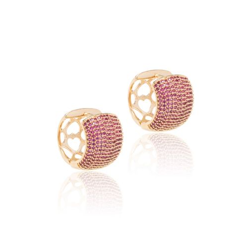 Brinco argola grande zircônia vermelha banho de ouro 18k