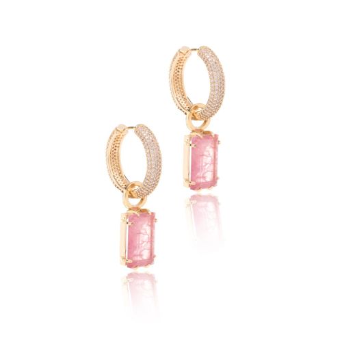 Brinco ear bling grande cravejado zircônia branca retângulo fusion morganita banho de ouro 18k