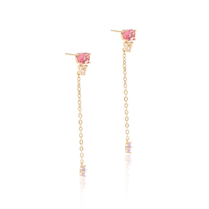 Brinco-longo-corrente-cristal-turmalina-rosa-banho-de-ouro-18k