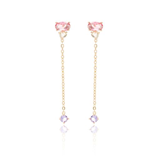 Brinco longo corrente cristal turmalina rosa banho de ouro 18k