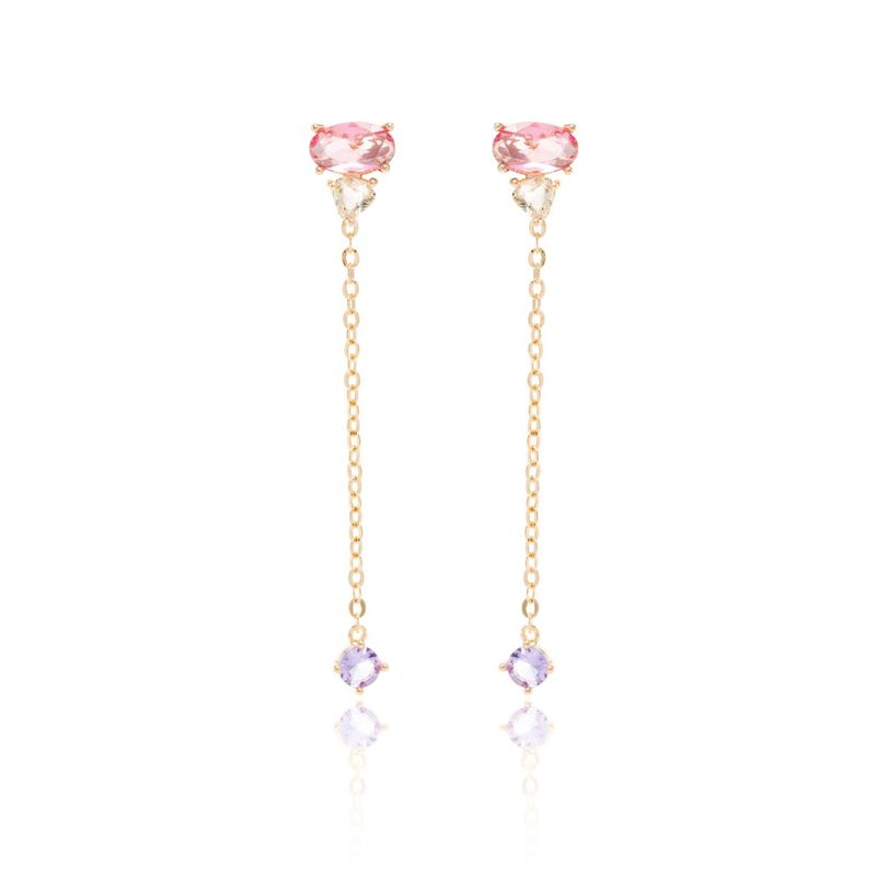 Brinco-longo-corrente-cristal-turmalina-rosa-banho-de-ouro-18k