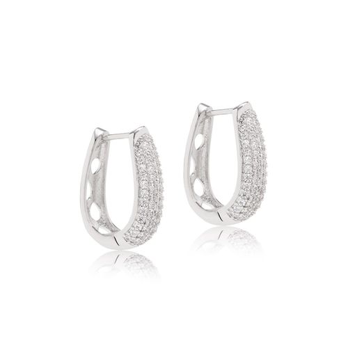 Brinco argola oval linhas zircônias brancas banho de ródio branco