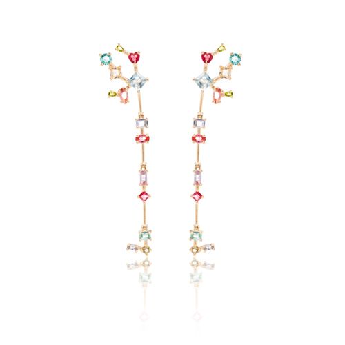 Brinco longo formas cristal paraíba articulado banho de ouro 18k