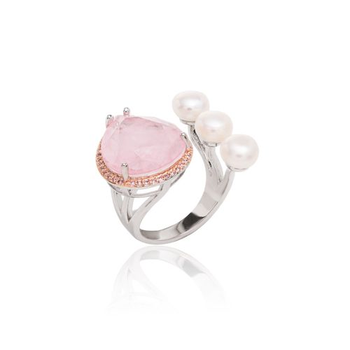 Anel gota fusion quartzo rosa pérola shell banho de ródio branco