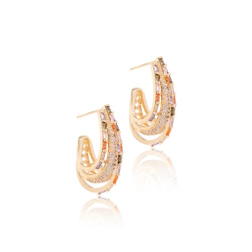 Brinco argola j cravejada cristal podange banho de ouro 18k