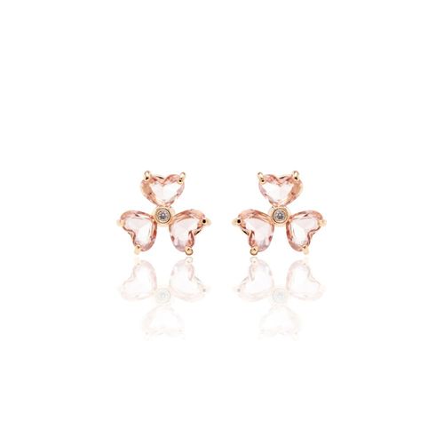 Brinco trevo coração cristal  rodolita banho de ouro 18k