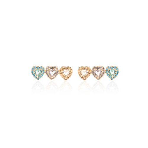 Brinco Corações Cravejados Cristal Topázio Azul Banho de Ouro 18K