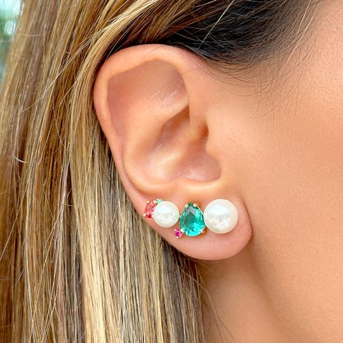 Brinco ear cuff pérola shell gota cristal paraíba banho de ouro 18k