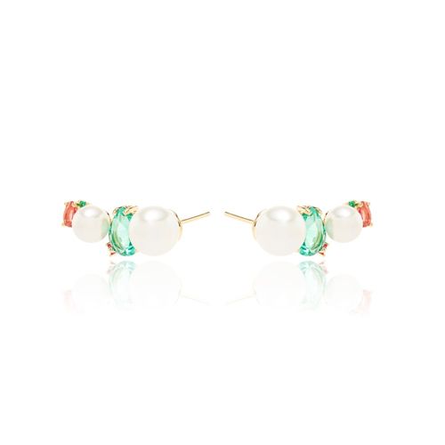 Brinco ear cuff pérola shell gota cristal paraíba banho de ouro 18k