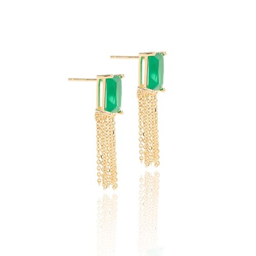 Brinco retângulo de cristal esmeralda franja banho de ouro 18k