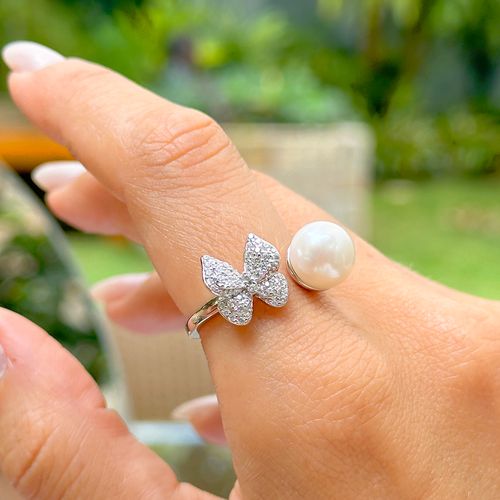 Anel pérola shell borboleta zircônia branca prata 925
