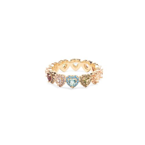 Anel Coração Cravejado Cristal Topázio Azul Banho de Ouro 18K aro13