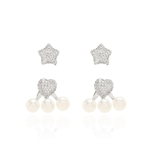 Brinco ear jacket pérola shell estrela coração banho de ródio branco